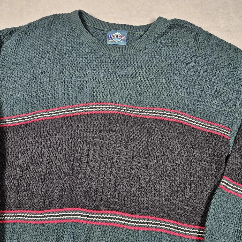 Vtg Jantzen Sweater‎ Mens Large Green Black Colorblock Pullover Grandpa USA 90s